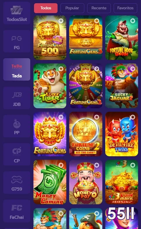 Seleção de jogos no 55ll, mostrando diversas opções de loterias disponíveis.